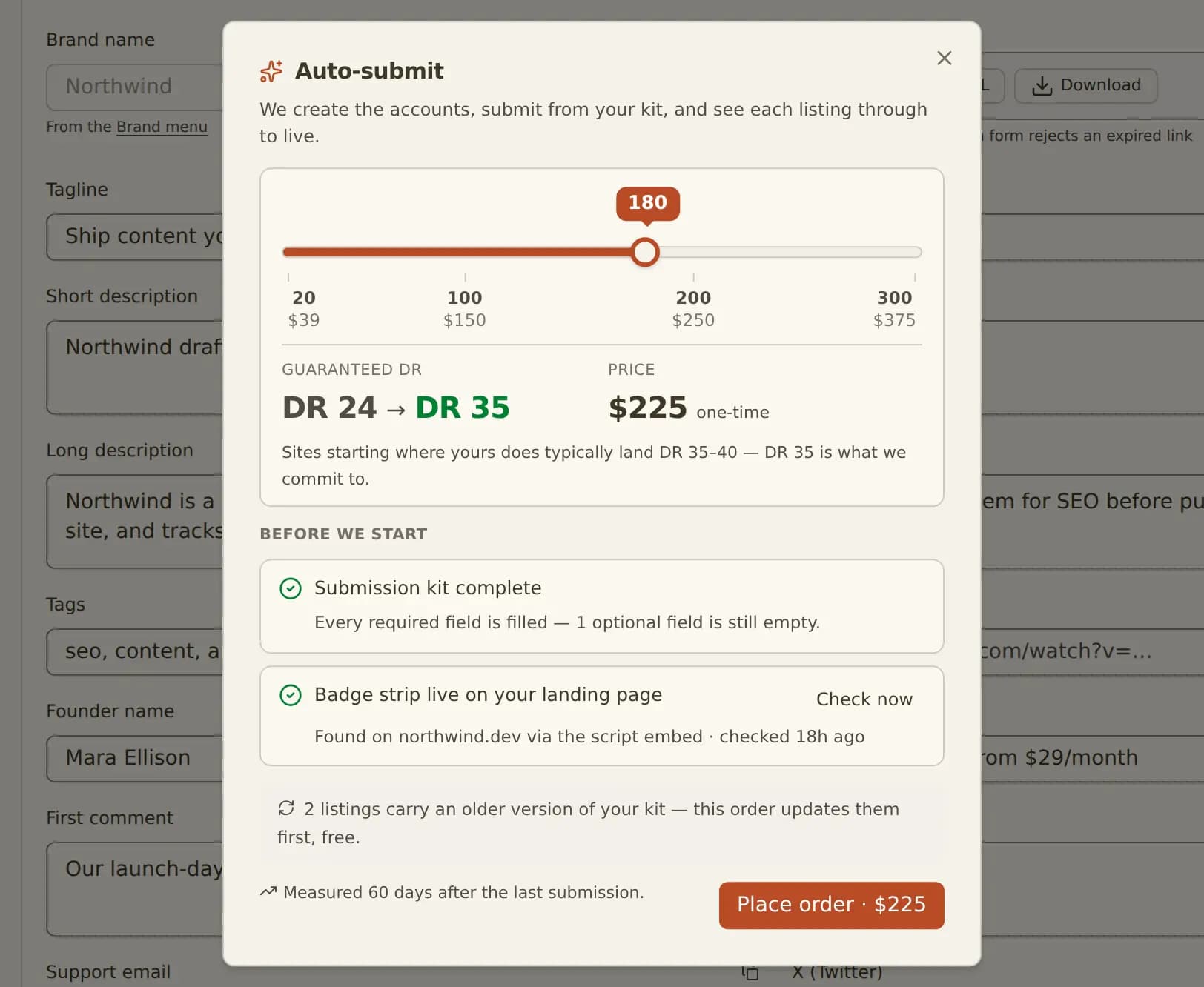 The auto-submit order dialog: a slider set to 190 directories, the guaranteed DR gain and one-time price beside it, and two green checkpoints — submission kit complete, badge strip live.