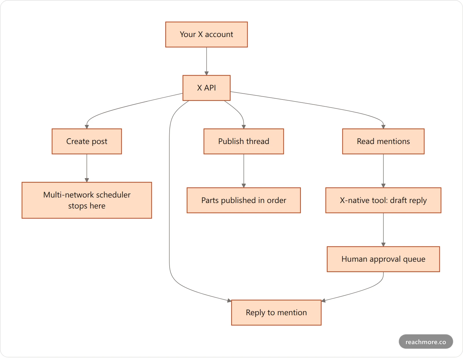Vertical flowchart showing that a multi-network scheduler only uses the create-post path of the X API, while an X-native tool also reads mentions, drafts replies and queues them for approval