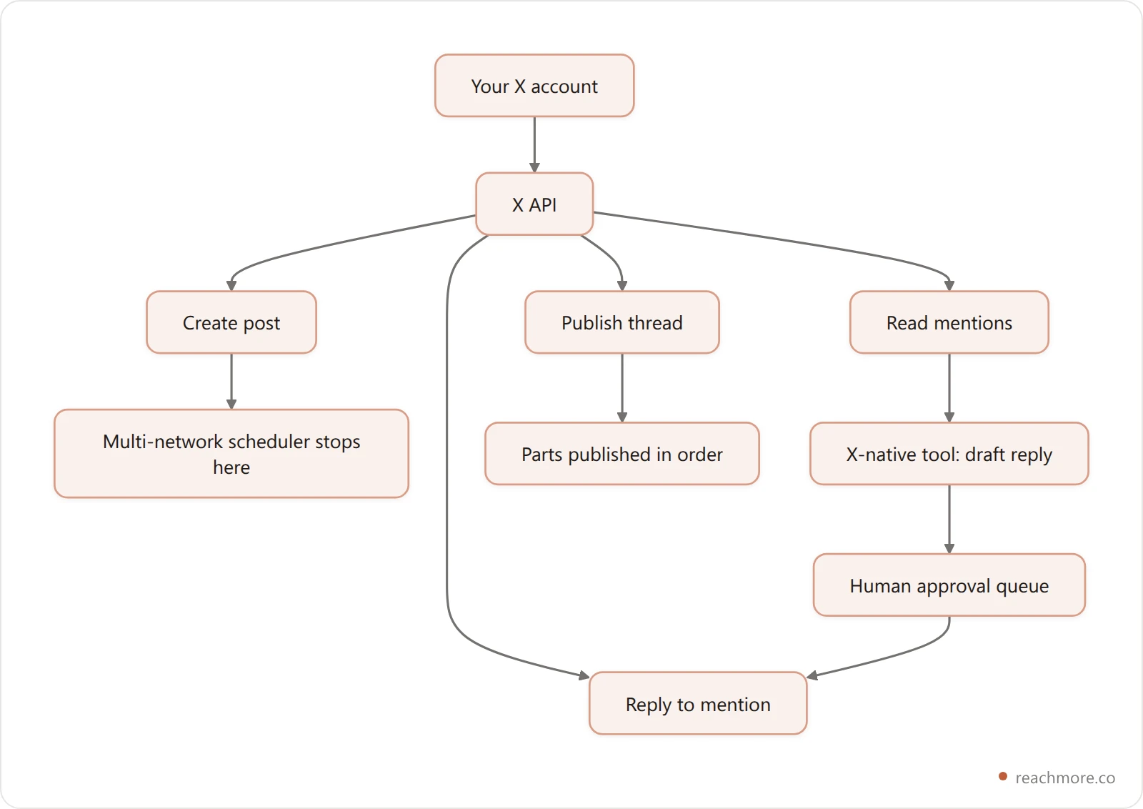 Vertical flowchart showing that a multi-network scheduler only uses the create-post path of the X API, while an X-native tool also reads mentions, drafts replies and queues them for approval