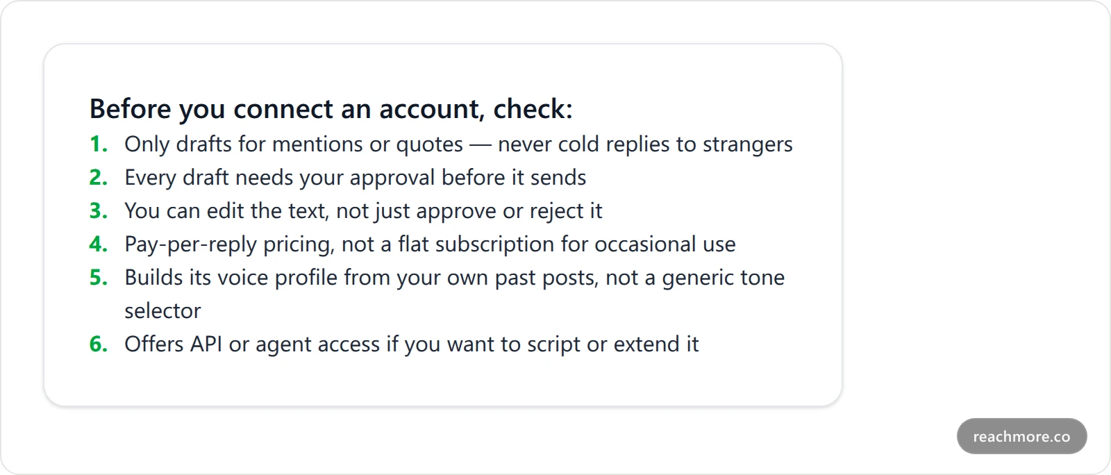 Checklist card listing six things to check before choosing a twitter reply generator: mention-only replies, human approval, editable drafts, per-action pricing, voice matching from your own posts, and agent or API access
