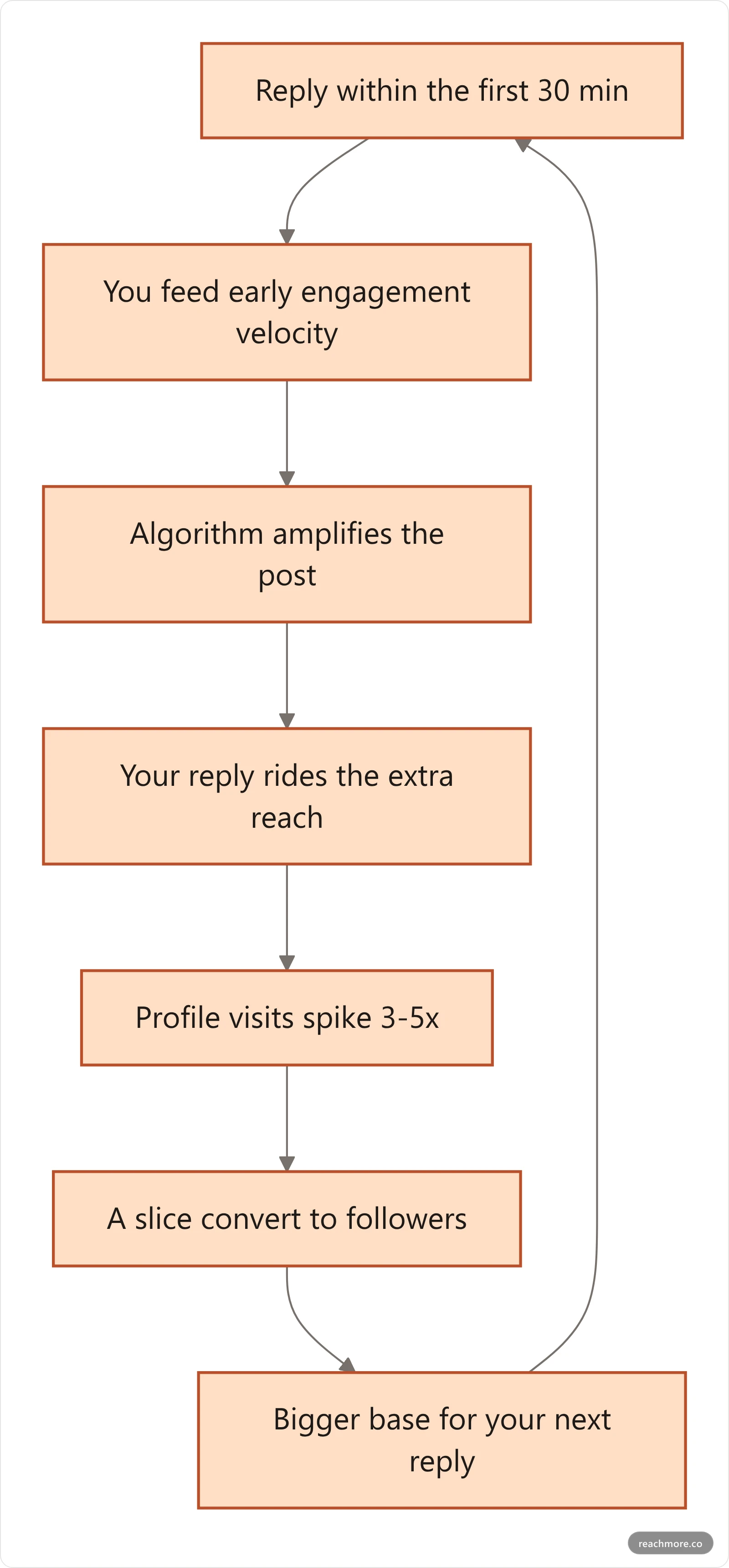 Vertical flowchart of the Speed-to-Reach Loop: fast reply, early velocity, post amplified, reply rides reach, profile visits, new followers, repeat