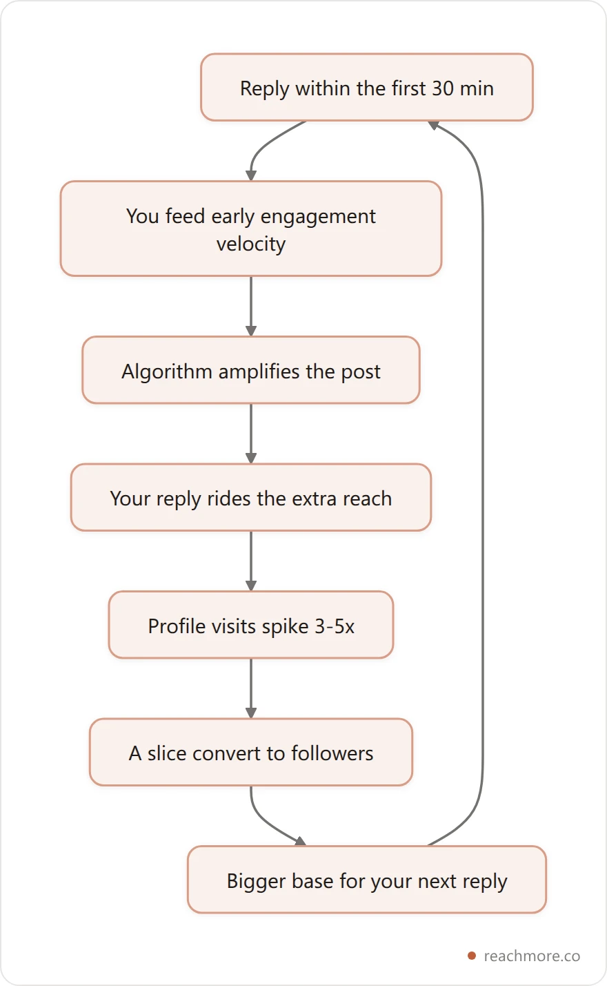 Vertical flowchart of the Speed-to-Reach Loop: fast reply, early velocity, post amplified, reply rides reach, profile visits, new followers, repeat