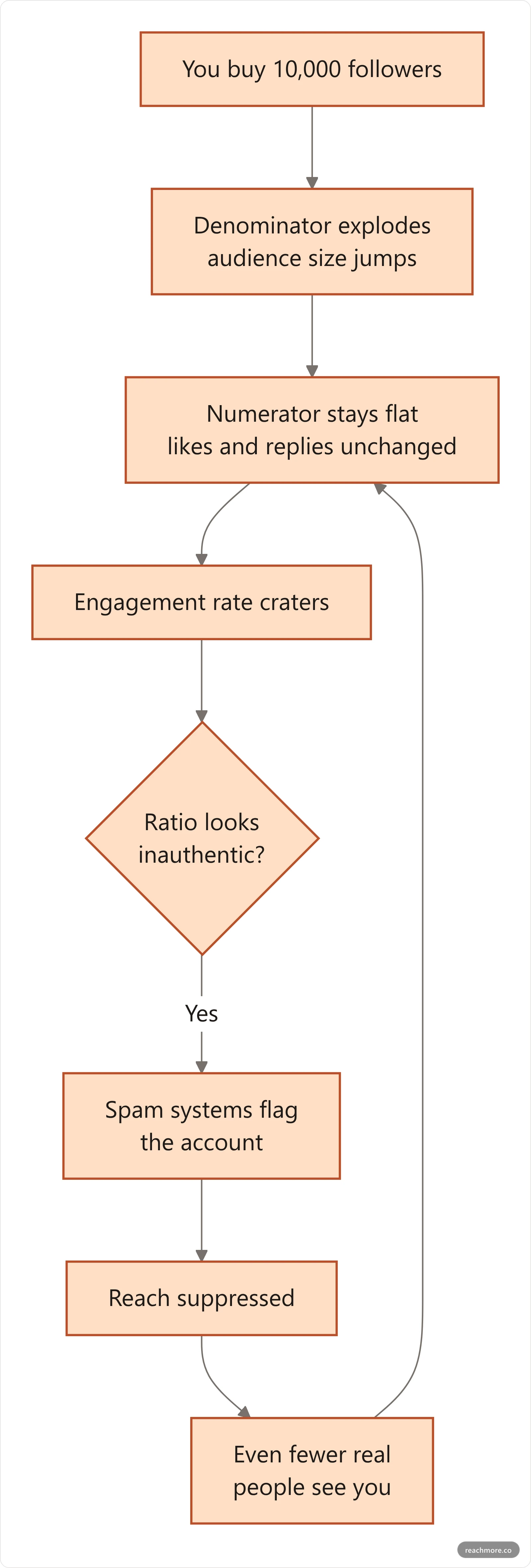 Flowchart of the bought-follower death spiral, from inflated follower count to collapsed engagement rate to suppressed reach
