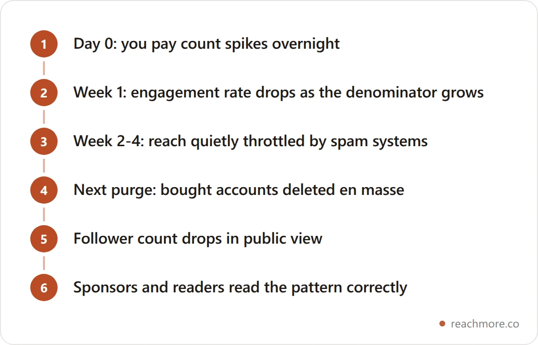 Timeline of what happens after buying X followers, from the instant count spike through the public drop at the next bot purge