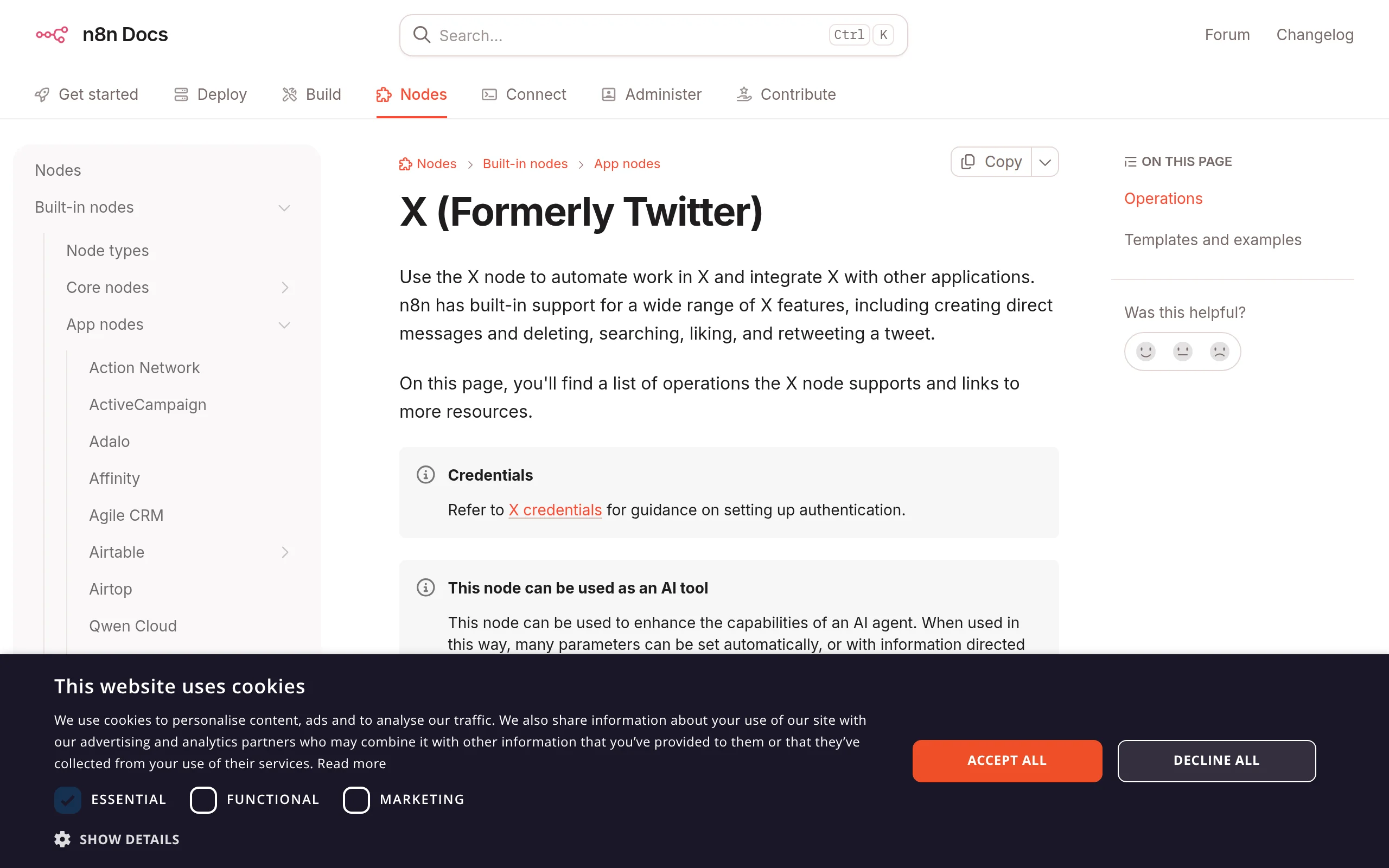 n8n documentation page for the X (formerly Twitter) node, listing its tweet, direct message, list and user operations