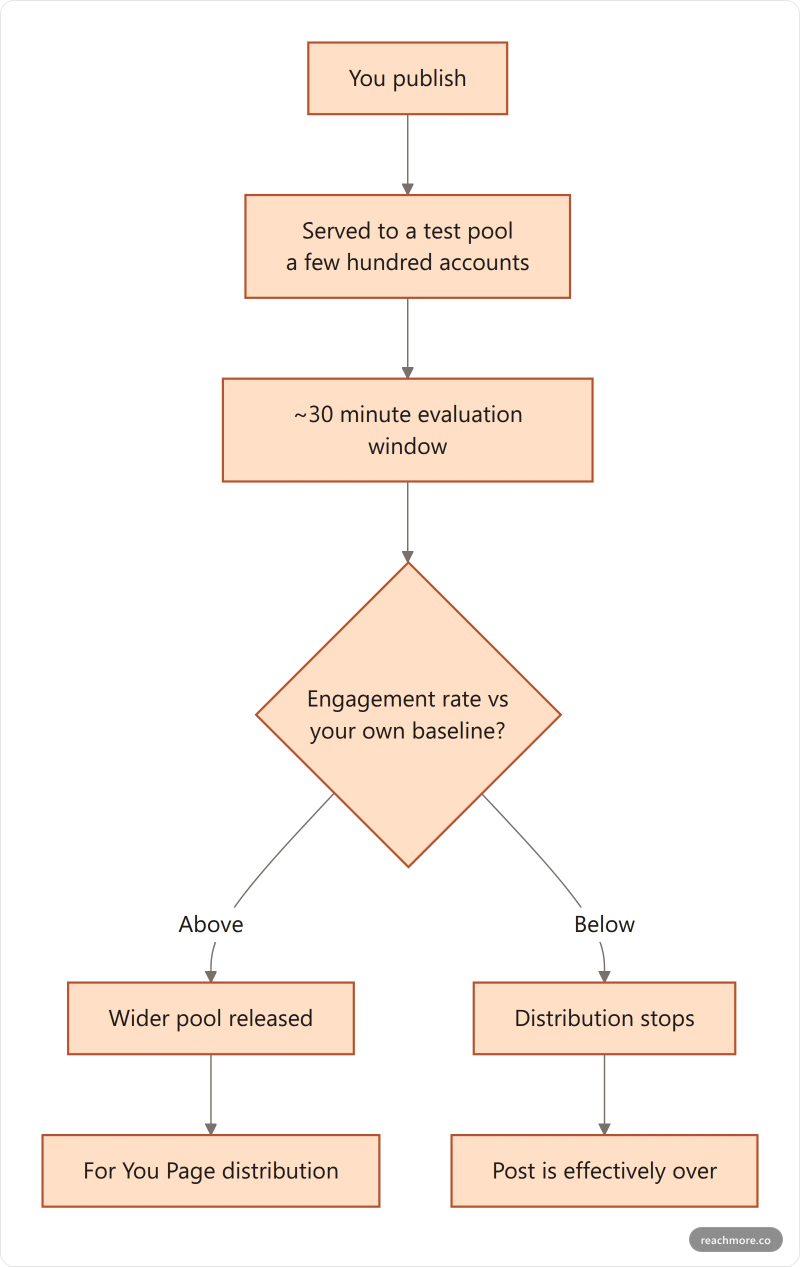 Flowchart of a post's lifecycle through the X test pool, showing the 30-minute evaluation window and the two outcomes of wider distribution or quiet burial