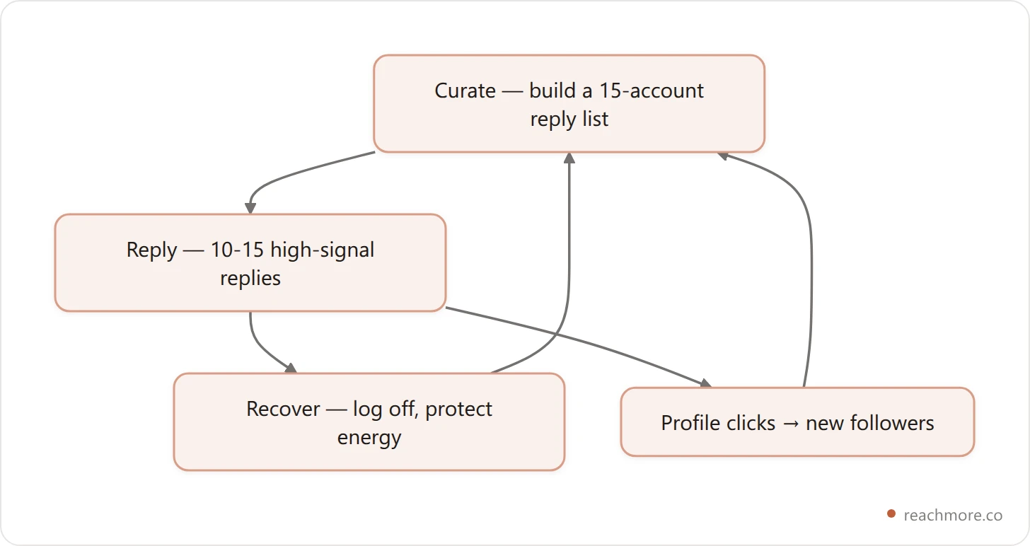 The Quiet Reach Method loop: curate a reply list, write ten to fifteen high-signal replies, then recover and protect your energy, which loops back to curating; replies also drive profile clicks and new followers