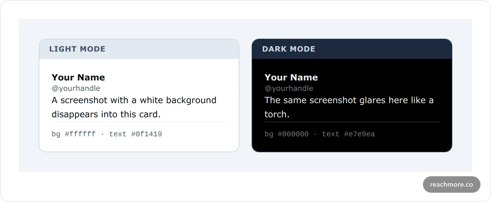Side-by-side comparison of X light mode and dark mode colour values