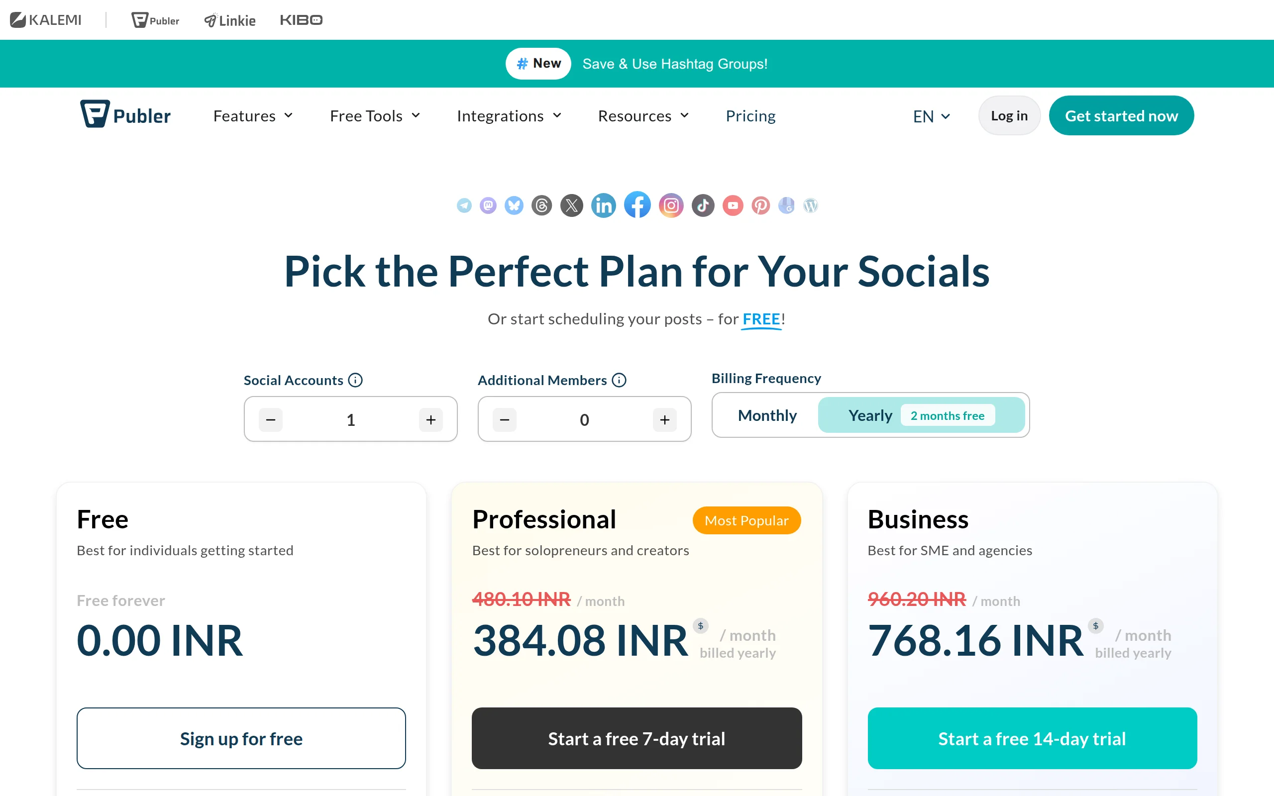 Publer's plans page, which prices its tiers by connected social accounts and team members