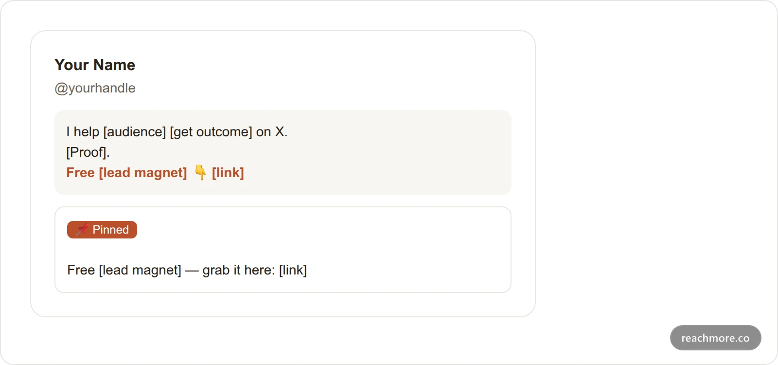 An X profile working as a landing page: the bio points to a lead magnet and the pinned post repeats the offer