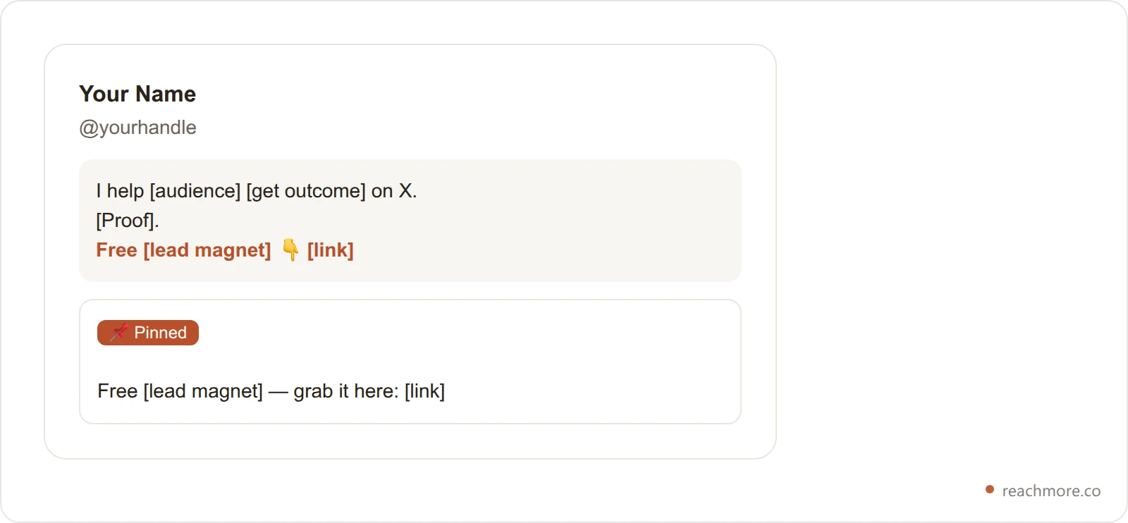 An X profile working as a landing page: the bio points to a lead magnet and the pinned post repeats the offer
