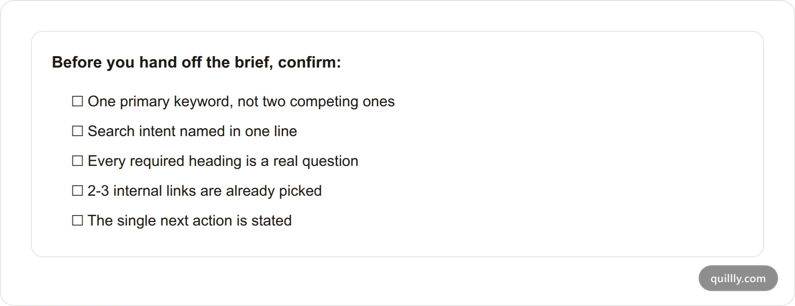 Five-item checklist to confirm before handing off an SEO content brief