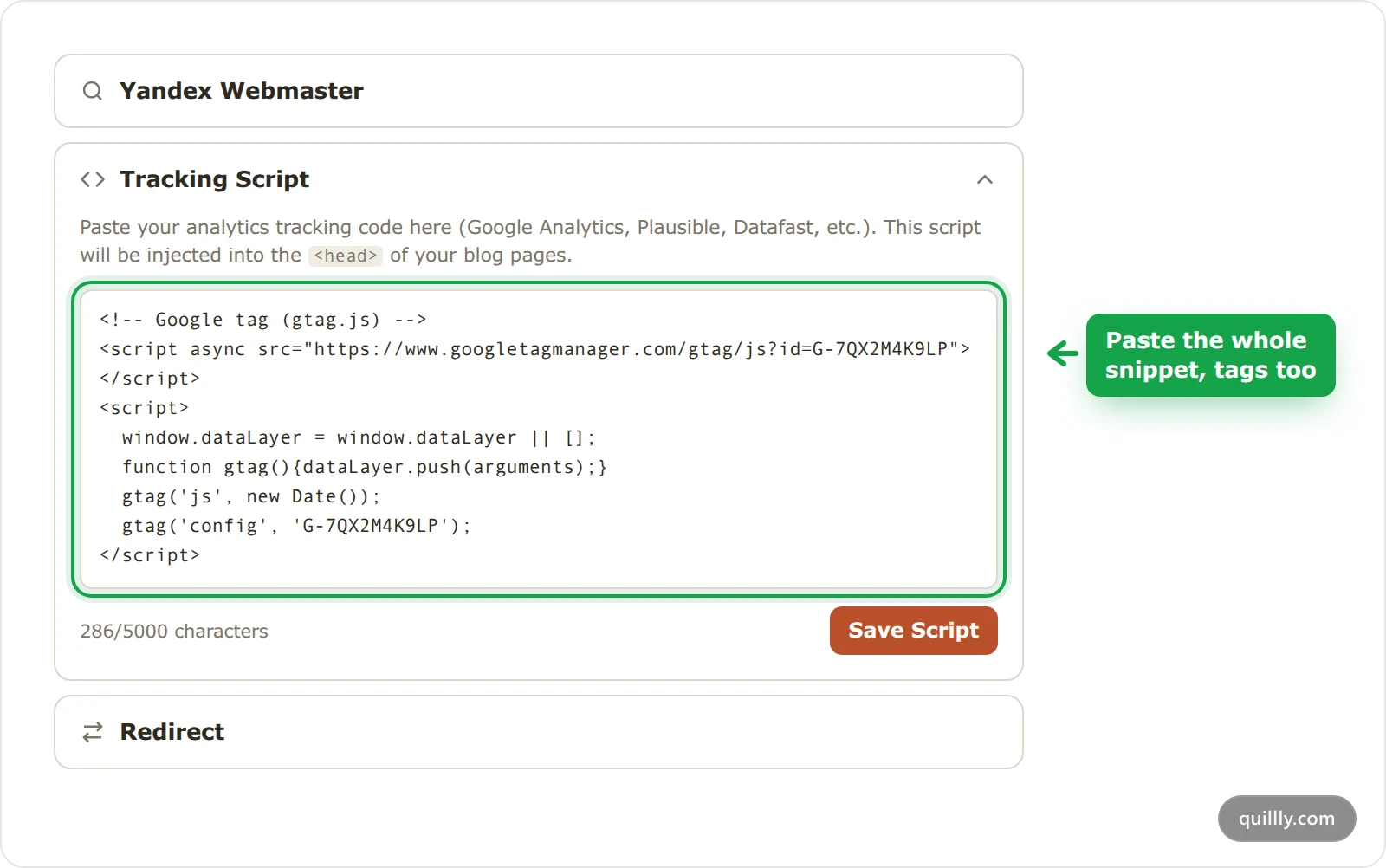 The Tracking Script section of website settings, with a Google Analytics snippet pasted into the box and the Save Script button