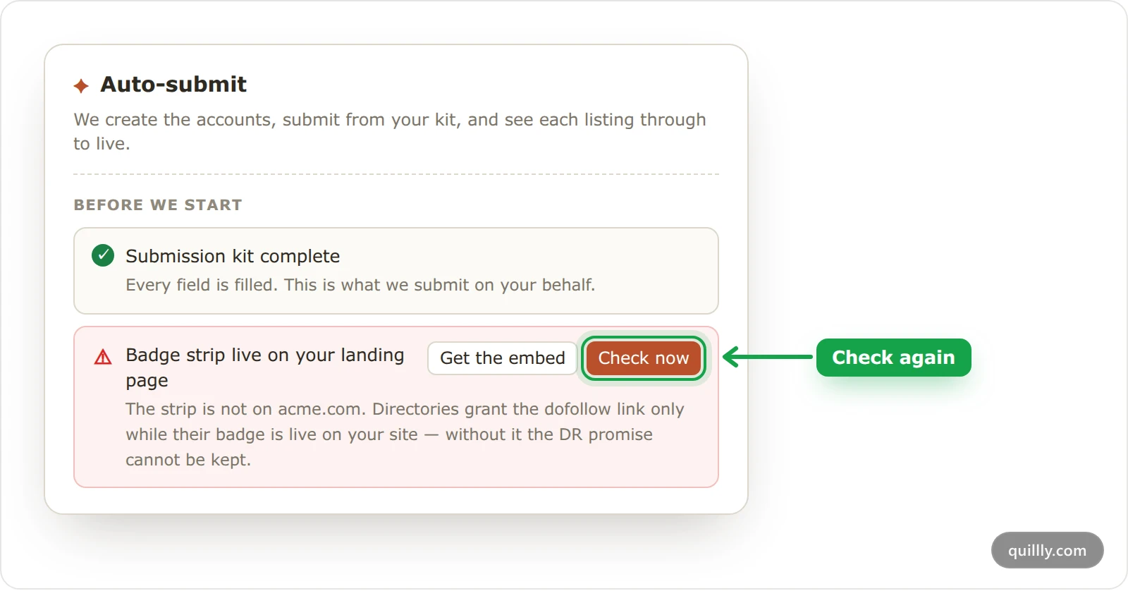 The Before we start checks in the Auto-submit dialog, with the kit check green and the badge strip check failing for acme.com, and the Check now button highlighted