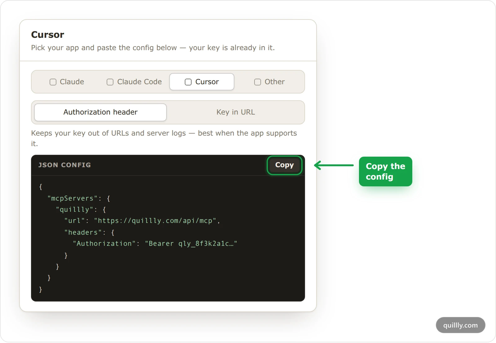 The Quillly setup dialog on the Cursor tab, showing the JSON config with the key in an Authorization header and the Copy button highlighted