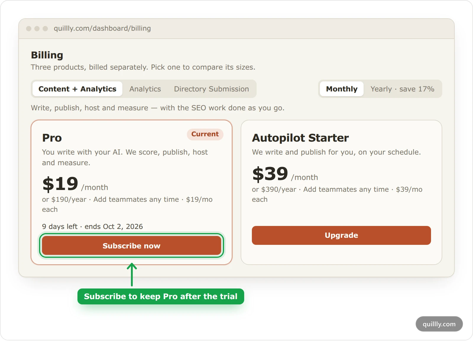 The Quillly Billing page during a free trial, showing the Pro plan card with its Subscribe now button highlighted