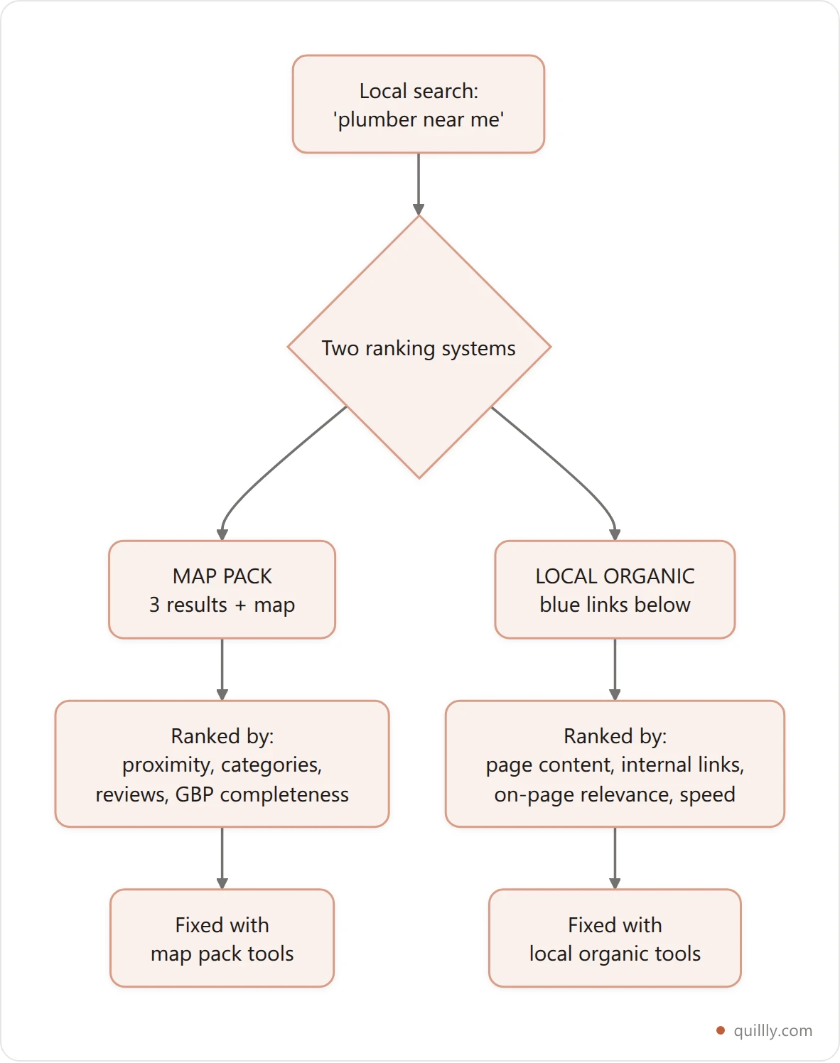 Vertical flowchart showing a local search query splitting into the map pack path ranked by Google Business Profile signals and the local organic path ranked by website page signals