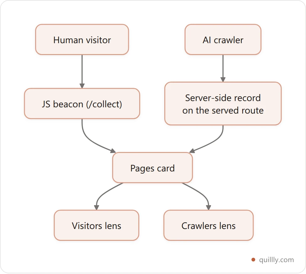 Diagram contrasting human visitors recorded by the client-side JavaScript beacon with AI crawlers recorded server-side, both feeding the Pages card in Quillly Analytics
