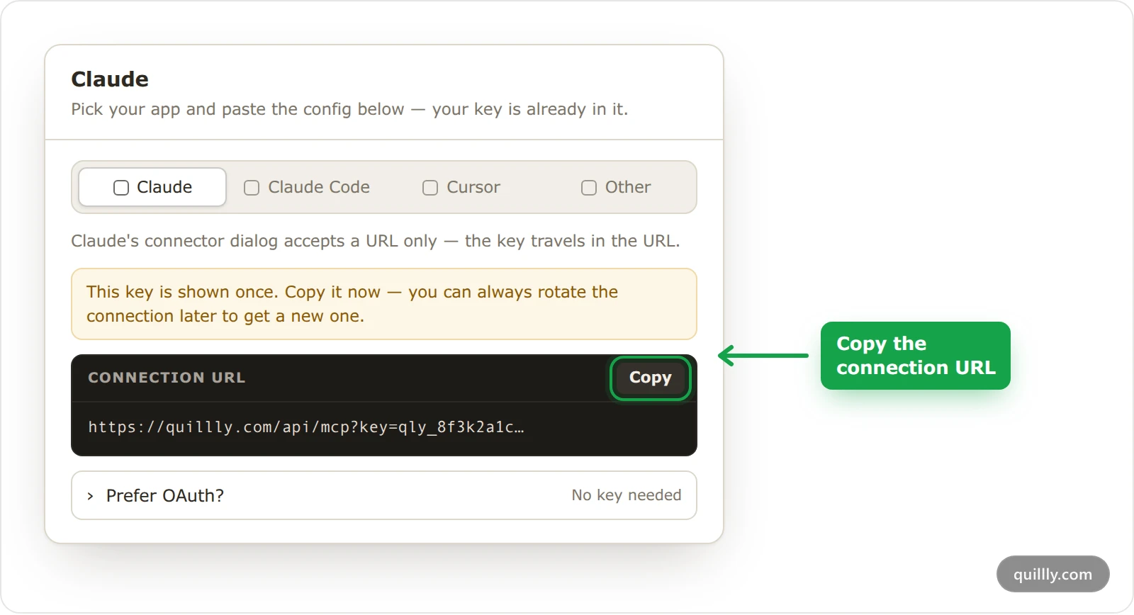 The Quillly setup dialog on the Claude tab, with the Copy button for the connection URL highlighted