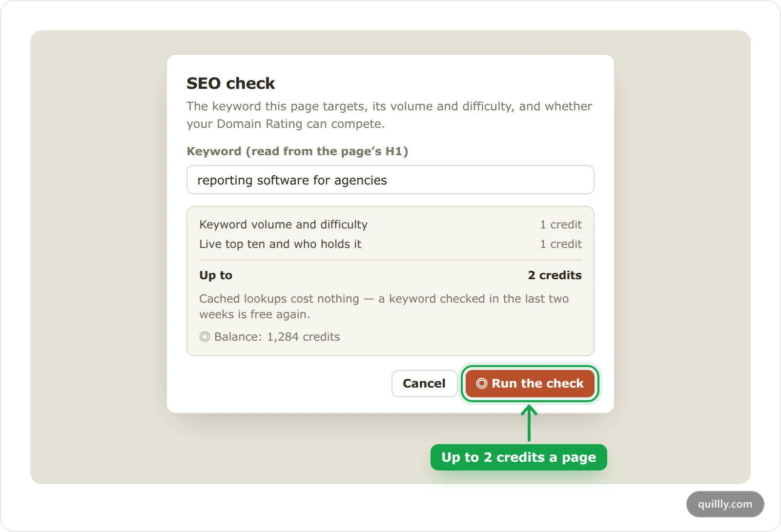 The SEO check dialog in Quillly for an acme.com page, with the keyword, a price of up to 2 credits and the Run the check button highlighted