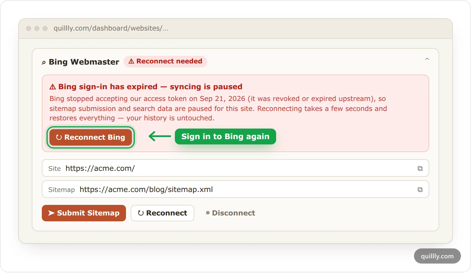 The Bing Webmaster section in Quillly website settings with a Reconnect needed badge, the sign-in has expired message and the Reconnect Bing button highlighted
