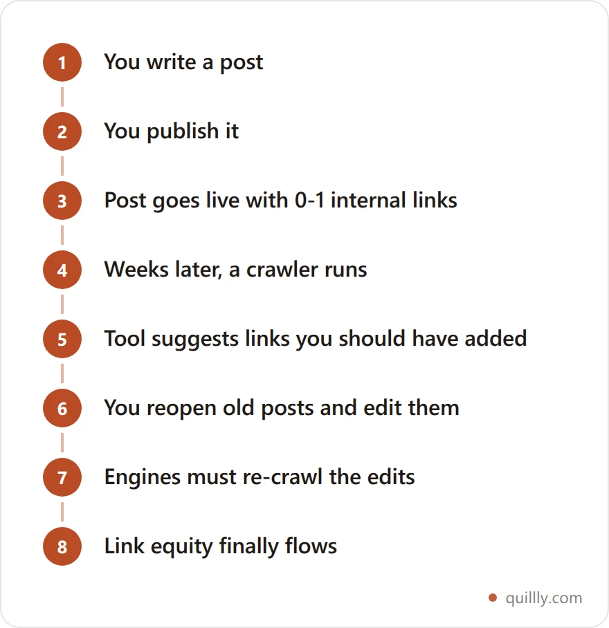 Vertical flowchart showing the retro-fit internal linking cycle from writing a post through publishing, crawling, editing and re-crawling