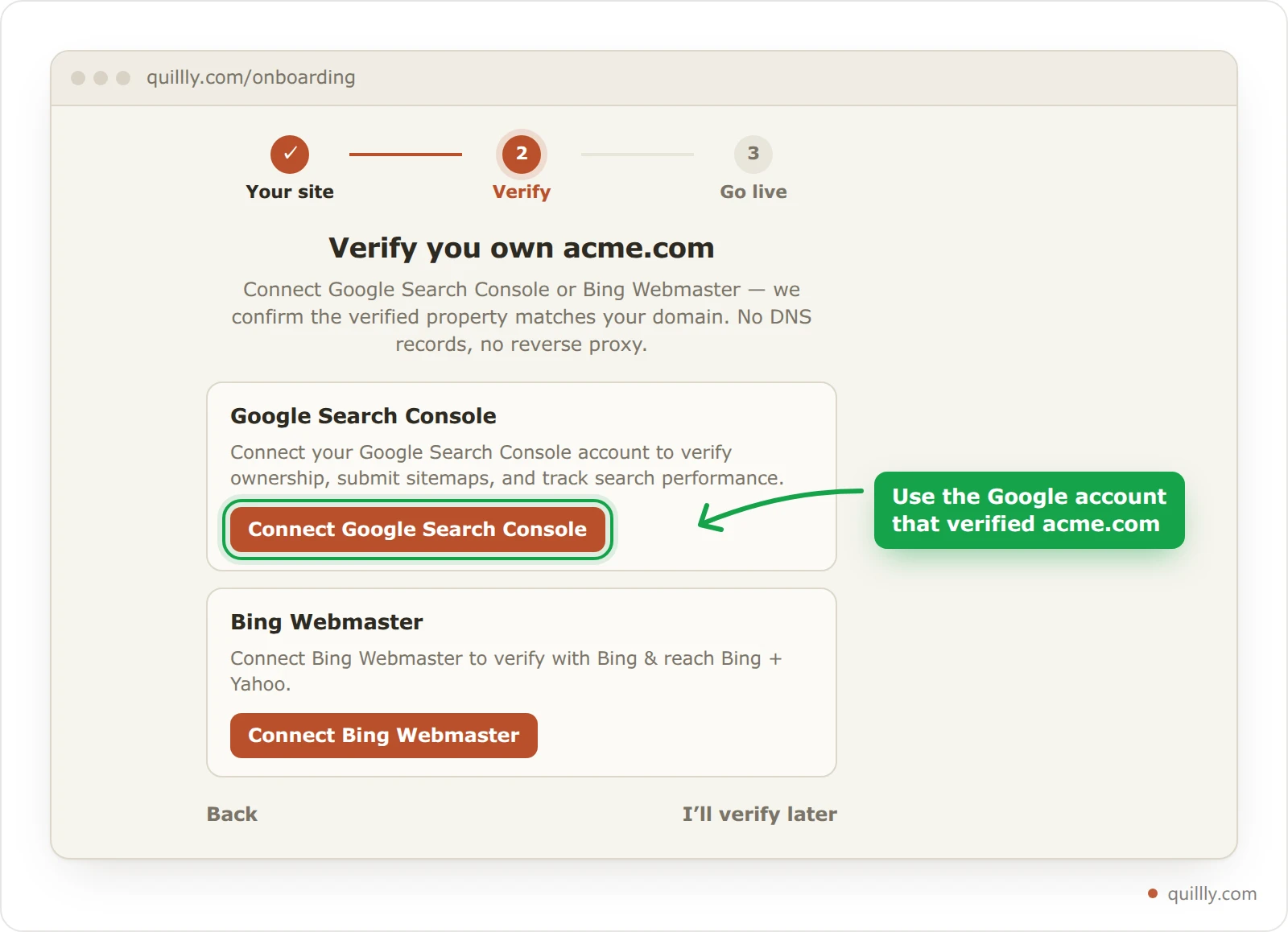 The Verify you own acme.com screen in Quillly onboarding, with the Connect Google Search Console button highlighted
