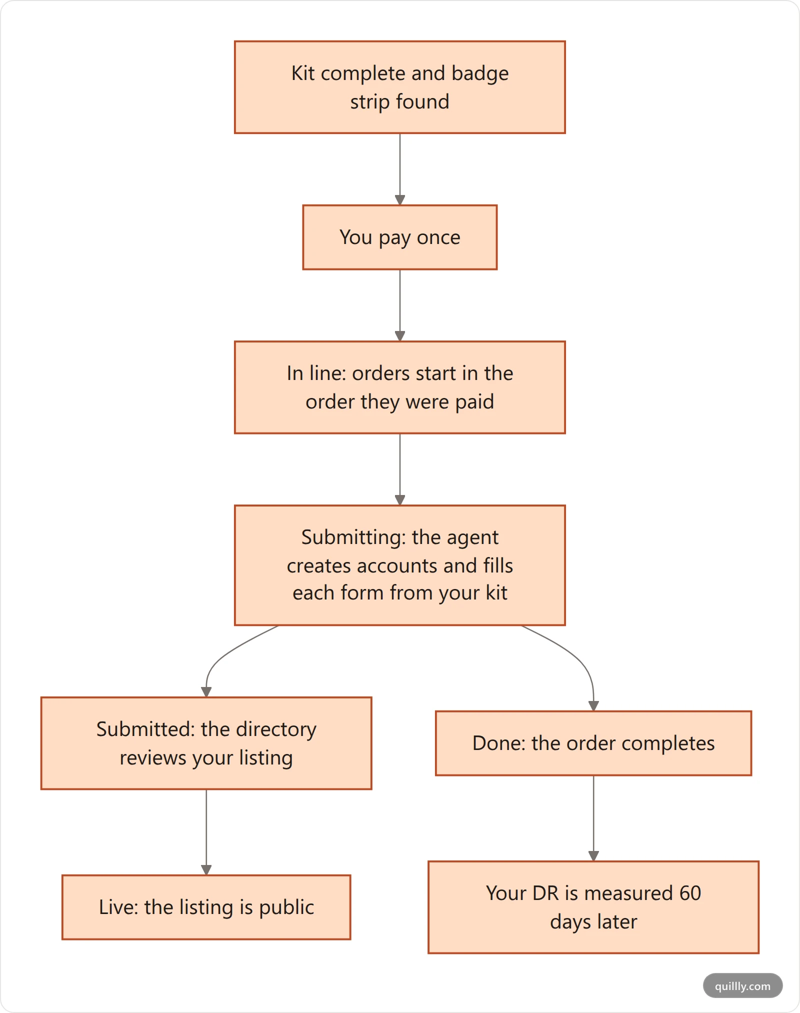 How a Directory Submission order moves from a complete kit and payment through the queue, submission and review to a live listing and the DR measurement
