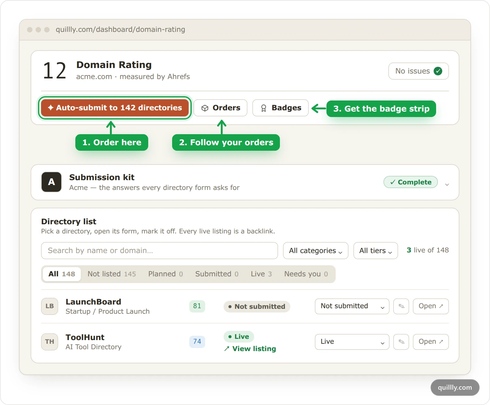 The Domain Rating menu in Quillly for acme.com, with the Auto-submit, Orders and Badges buttons highlighted above the submission kit and the directory list
