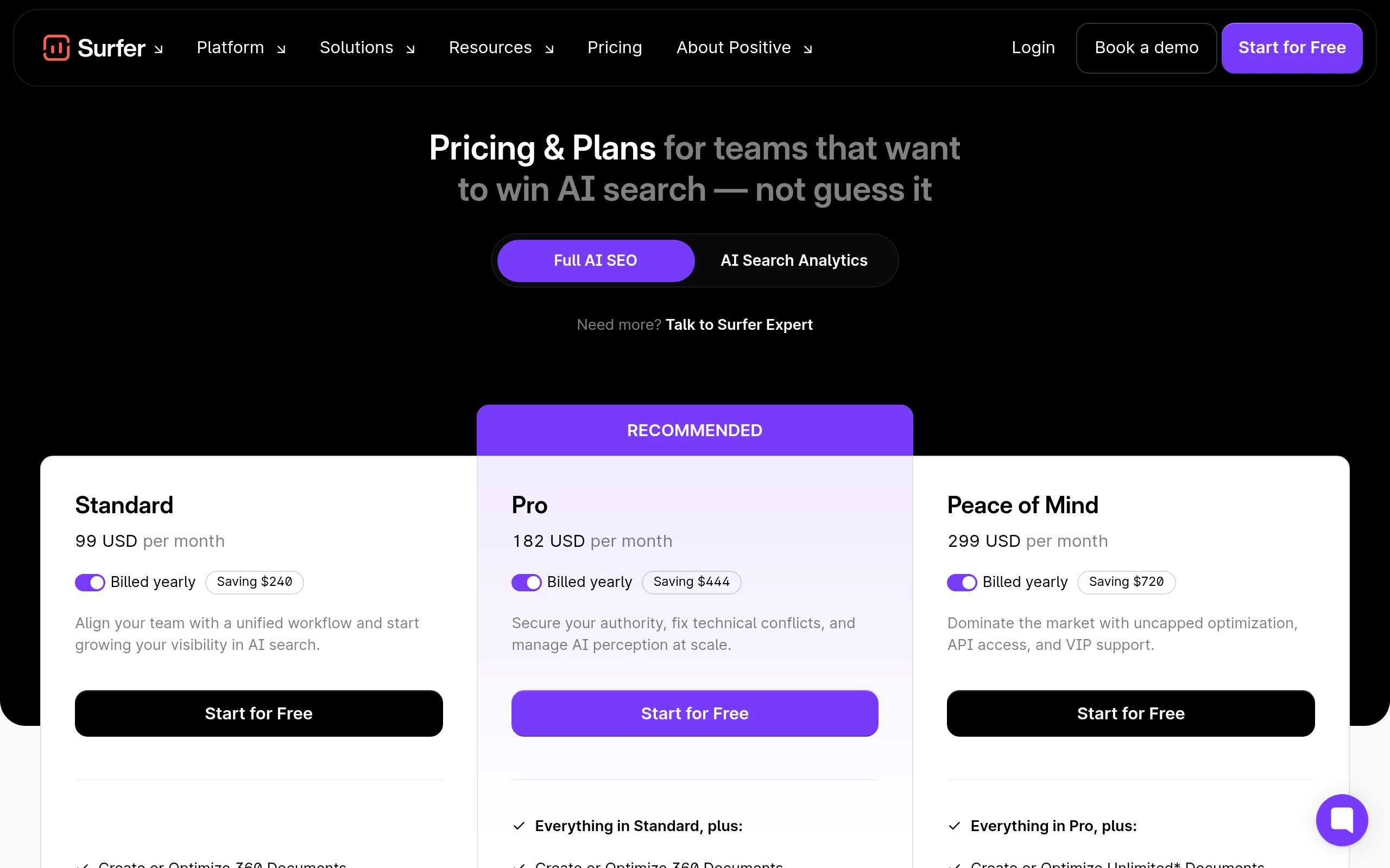 Screenshot of the Surfer SEO pricing page captured on August 19 2026 showing current plan tiers