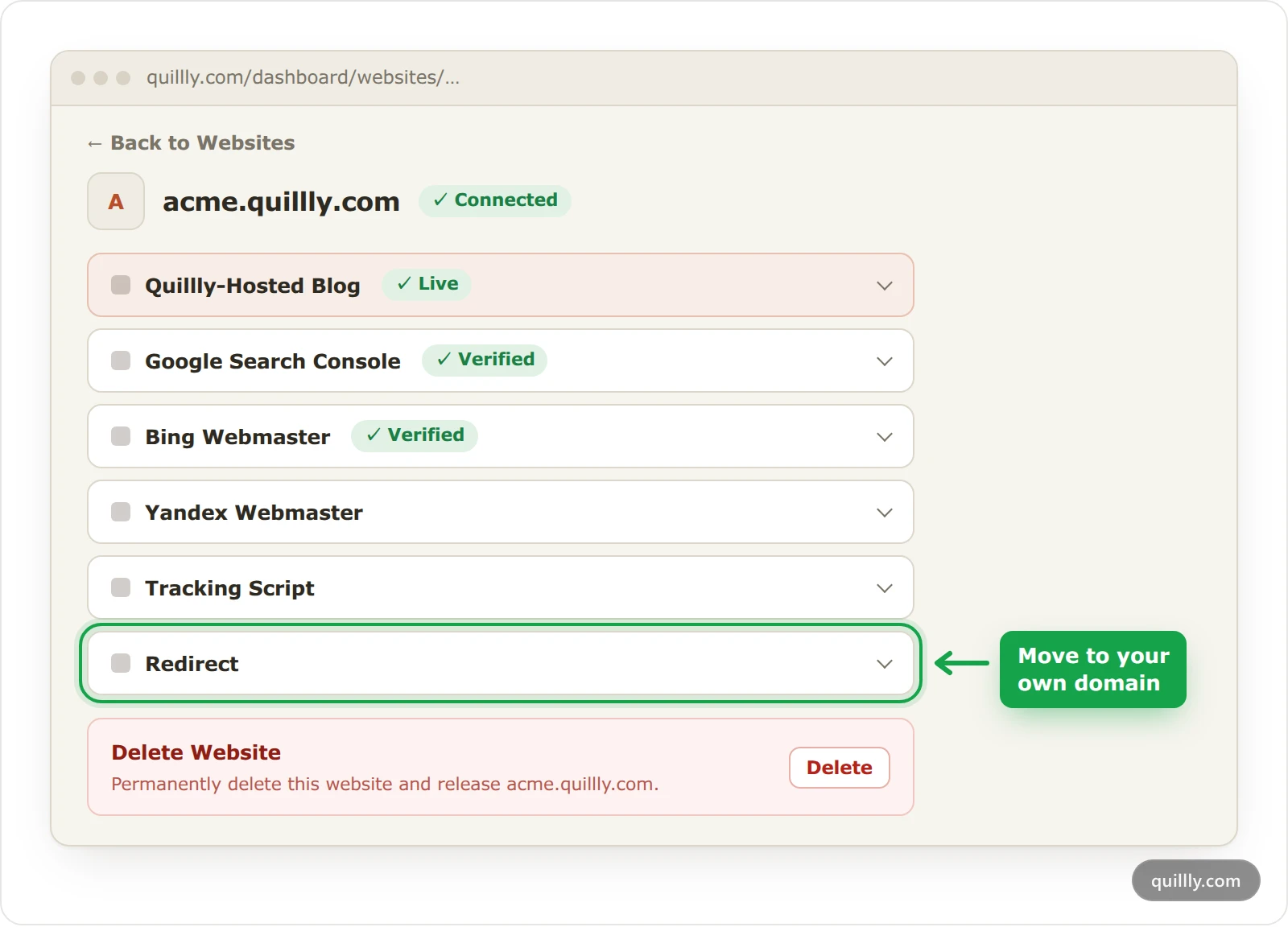 The website settings page for acme.quillly.com, listing its sections, with the Redirect section highlighted