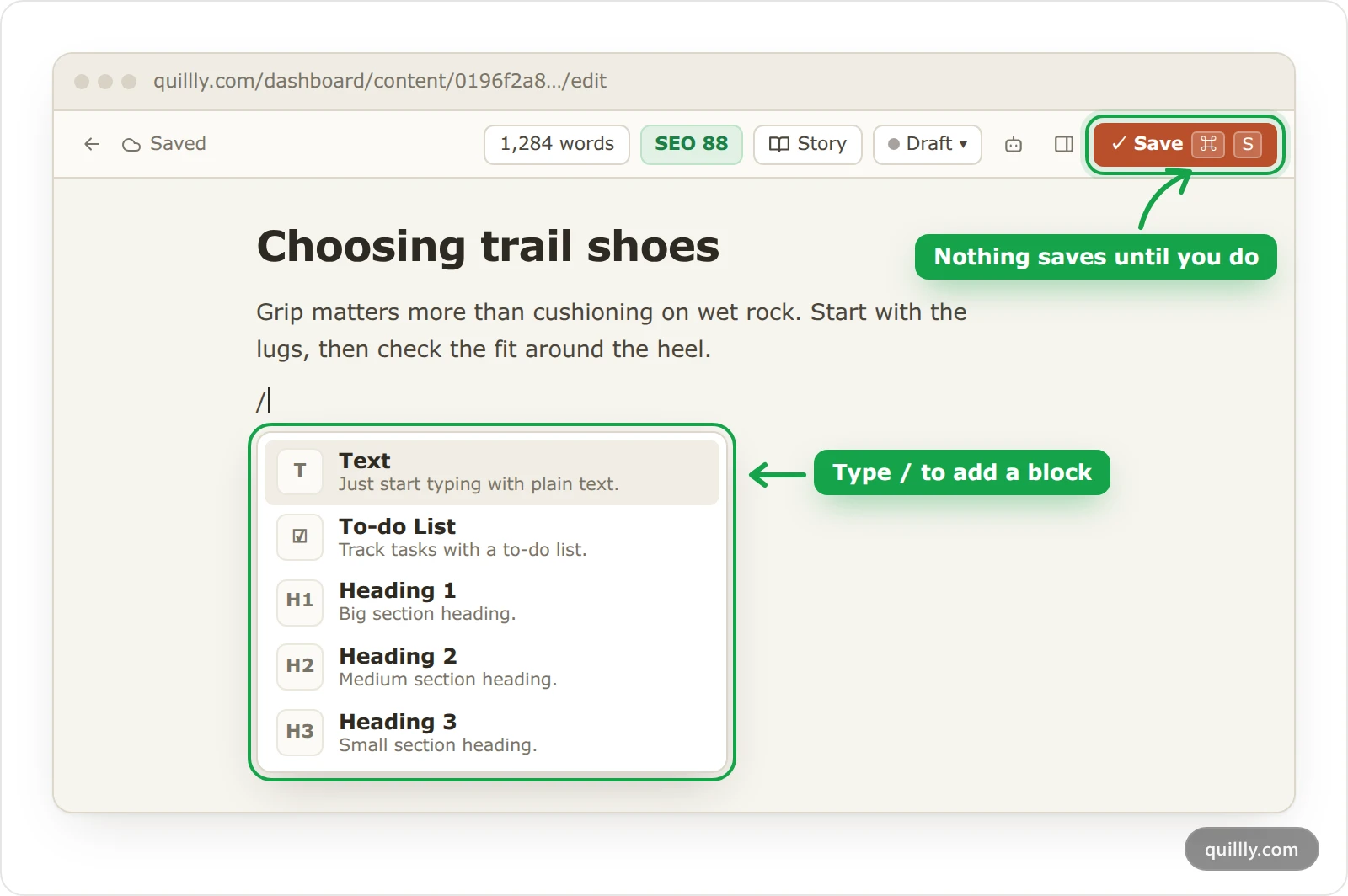 The Quillly editor with the slash menu open under an empty line, and the Save button in the top bar highlighted
