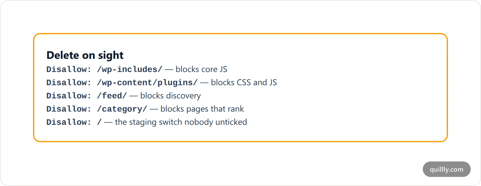 Warning card listing five outdated WordPress robots.txt rules that should be removed, with the reason each one causes harm