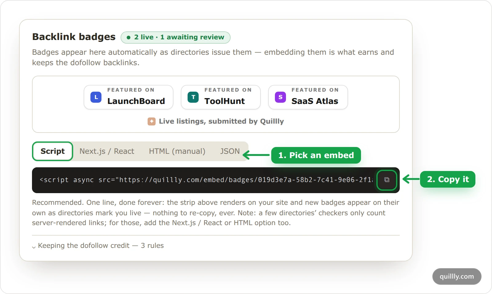 The Backlink badges dialog for acme.com, with three Featured on badges in the preview and the Script embed tab and its copy button highlighted