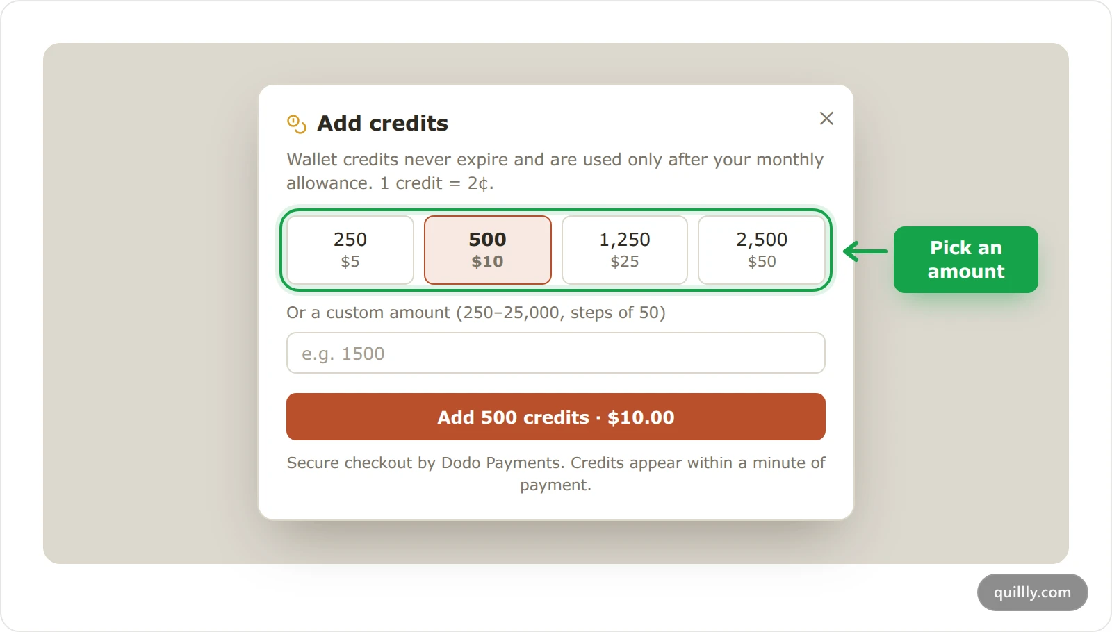 The Add credits window in Quillly Billing with the 250, 500, 1,250 and 2,500 credit amounts highlighted and the Add 500 credits button