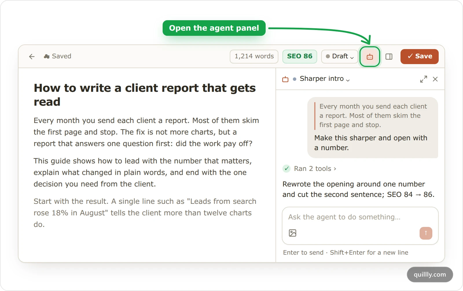 The Quillly editor with the agent panel open beside a draft, a quoted request and the agent's answer, and the robot icon in the top bar highlighted