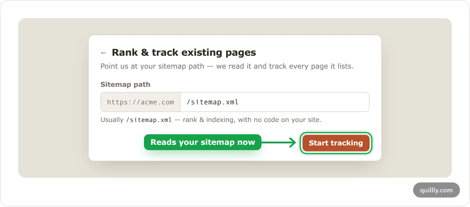 The Rank and track existing pages dialog in Quillly, with the sitemap path for acme.com and the Start tracking button highlighted