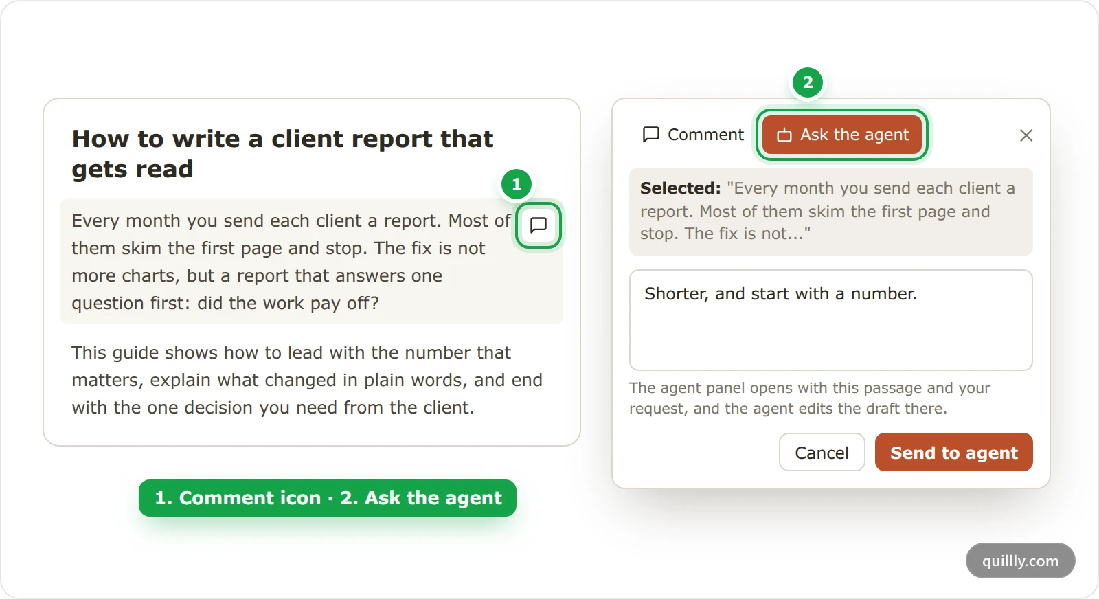 A paragraph in the Quillly editor with its comment icon marked 1, and the comment popup with the Ask the agent tab marked 2 and a request typed
