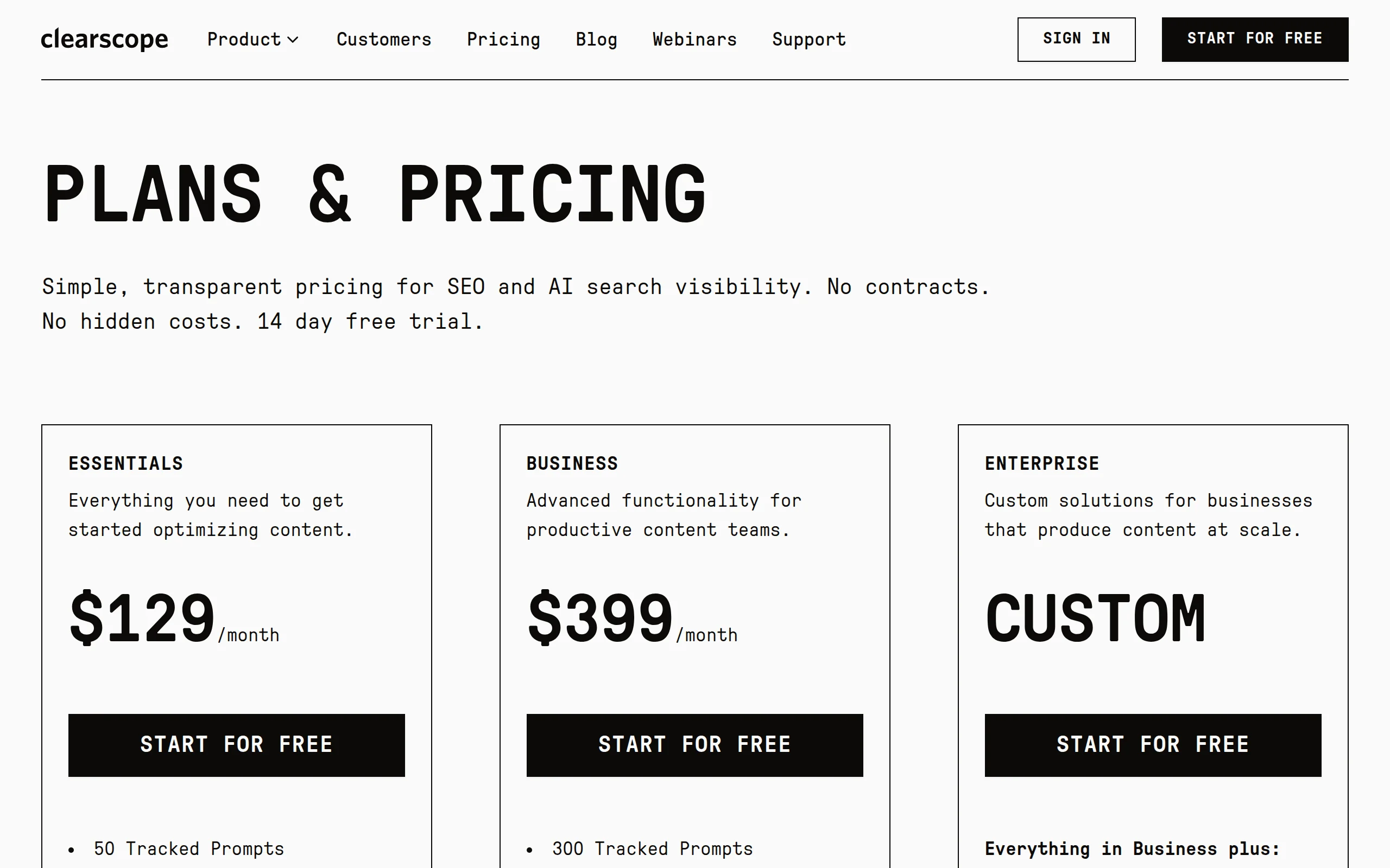 Screenshot of Clearscope's pricing page showing the Essentials and Business plans