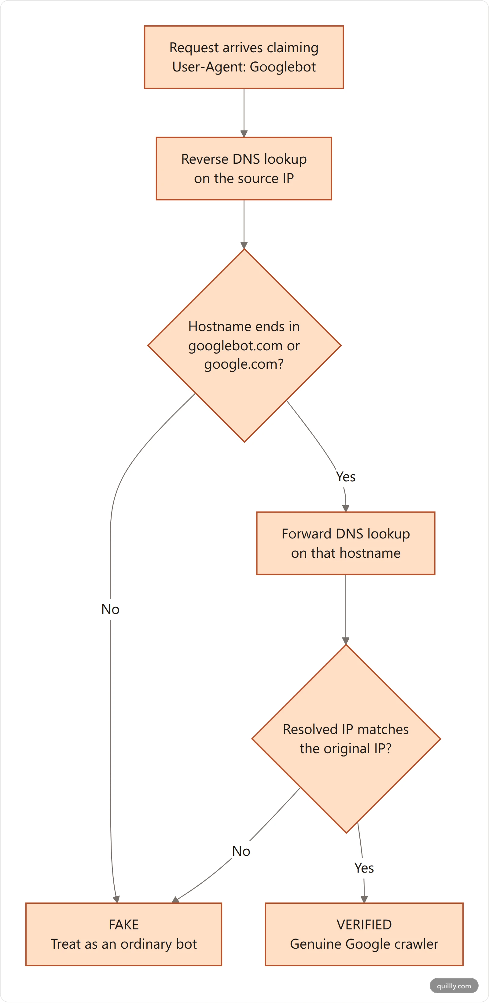 Flowchart of the two-step DNS verification for Googlebot: reverse lookup the IP, check the hostname suffix, forward lookup the hostname, then compare the result to the original IP