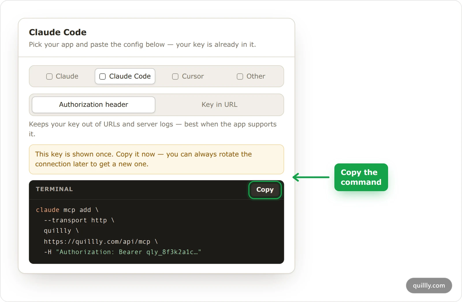 The Quillly setup dialog on the Claude Code tab, with the Authorization header option selected and the Copy button for the terminal command highlighted