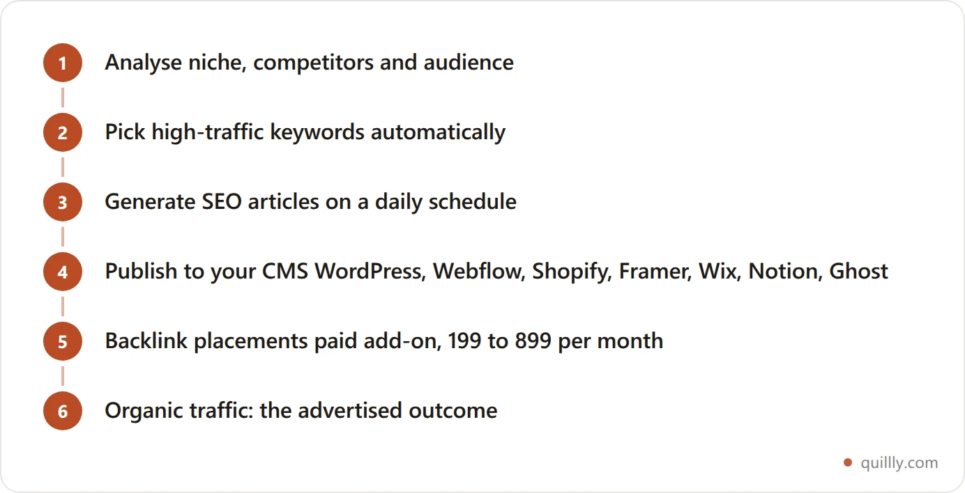 Vertical flowchart of the Outrank auto-pilot loop: analyse niche and competitors, pick keywords, generate articles daily, publish to your CMS, then backlinks as a paid add-on