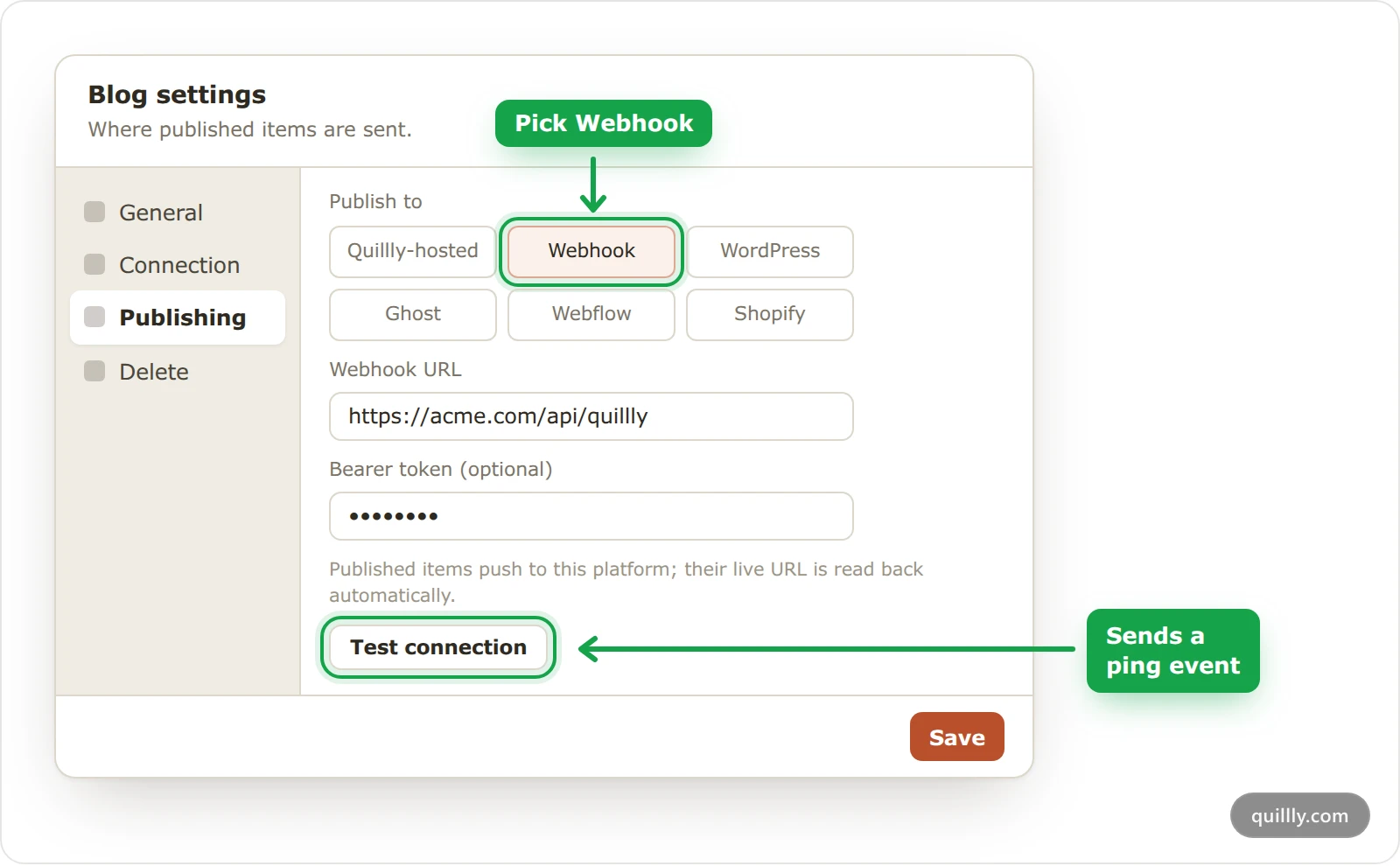 The Publishing pane of the Blog settings dialog with Webhook picked, the Webhook URL and Bearer token fields, and the Test connection button