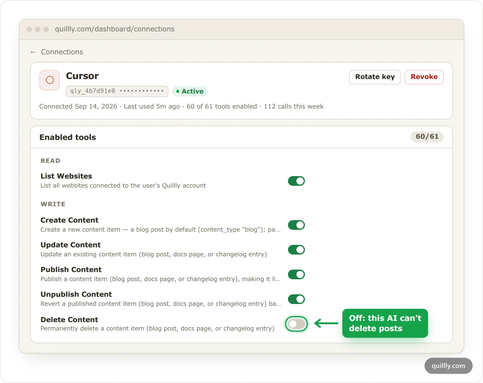 A key's page on Connections with the Enabled tools list, showing Delete Content switched off