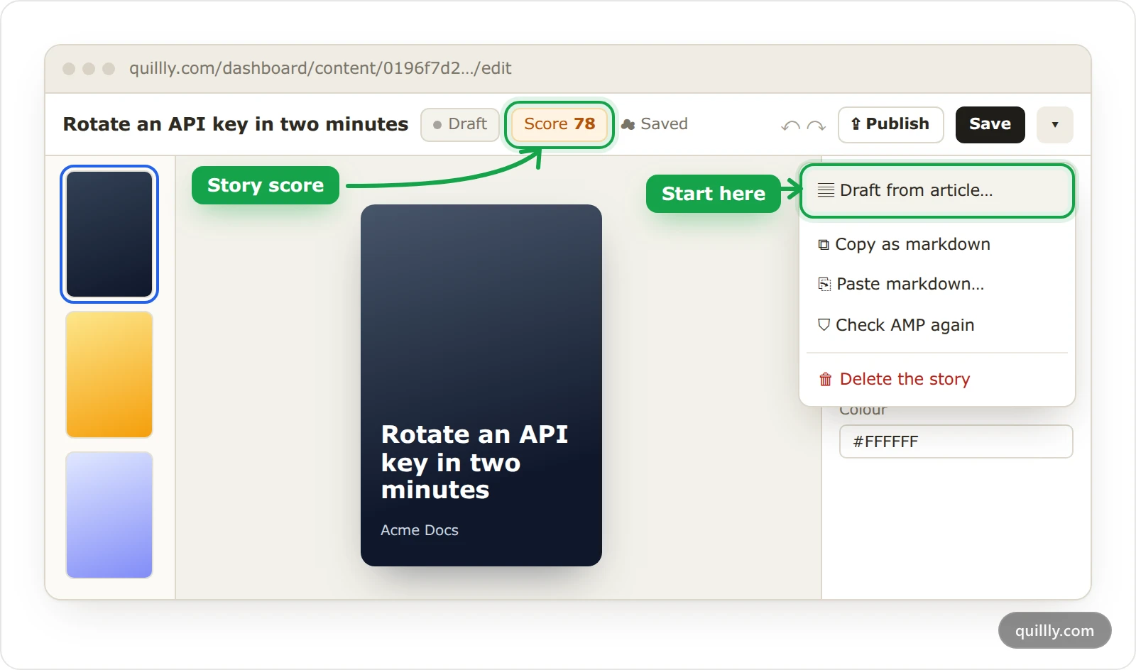 The Quillly story editor with the Draft from article menu item and the story score highlighted