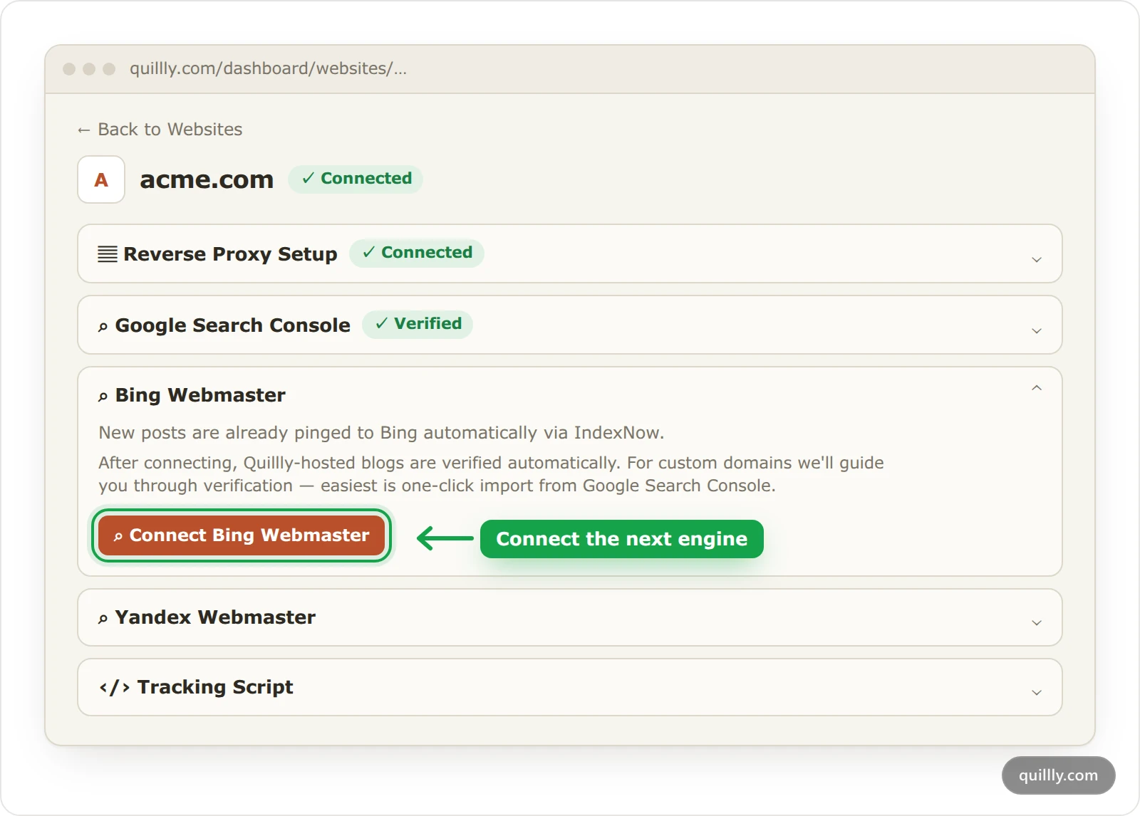 The website settings page for acme.com in Quillly, with Google Search Console verified and the Connect Bing Webmaster button highlighted in the open Bing Webmaster section