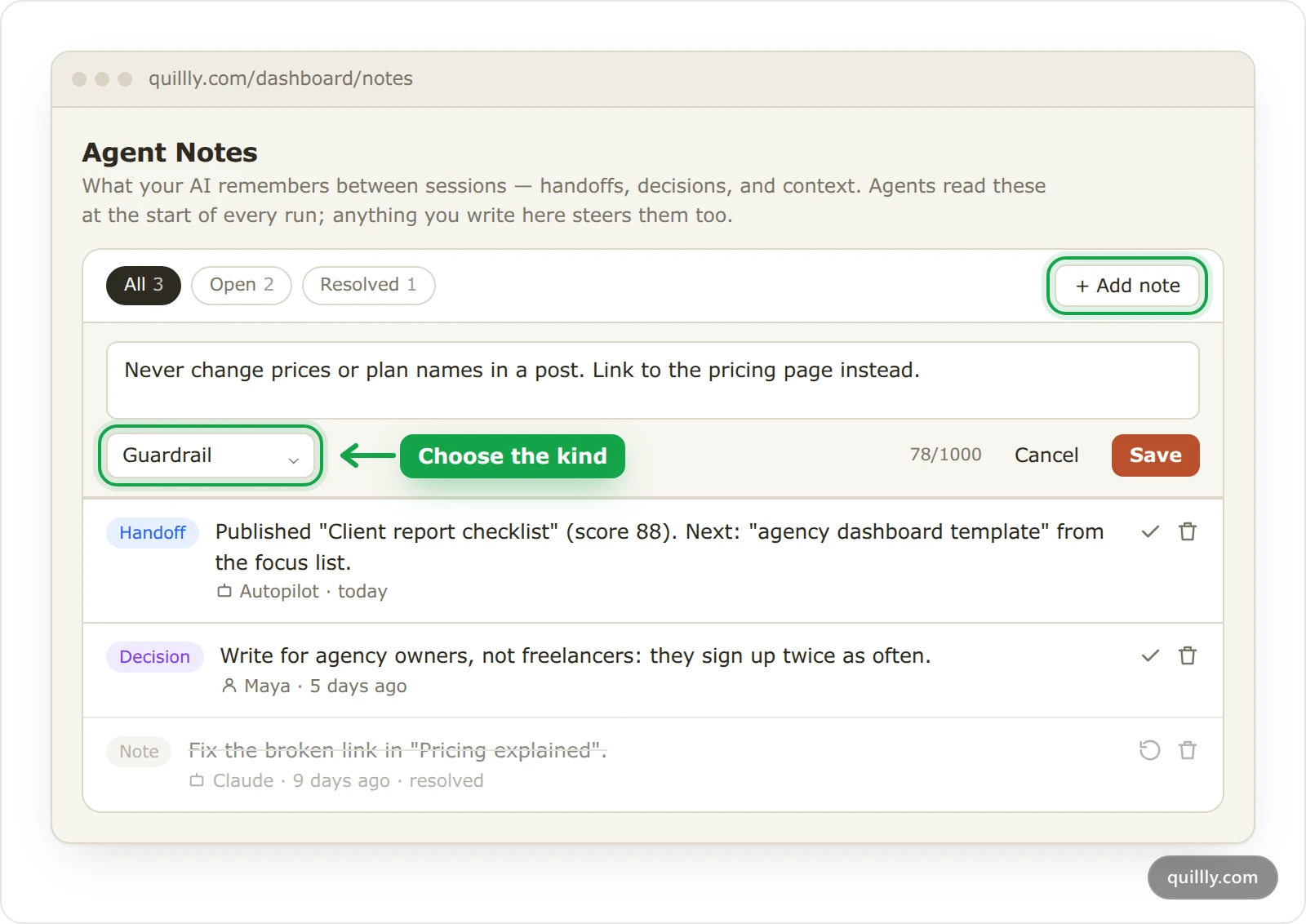 The Agent Notes page in Quillly for acme.com with a new note being written, the Guardrail kind selected and the Add note button highlighted