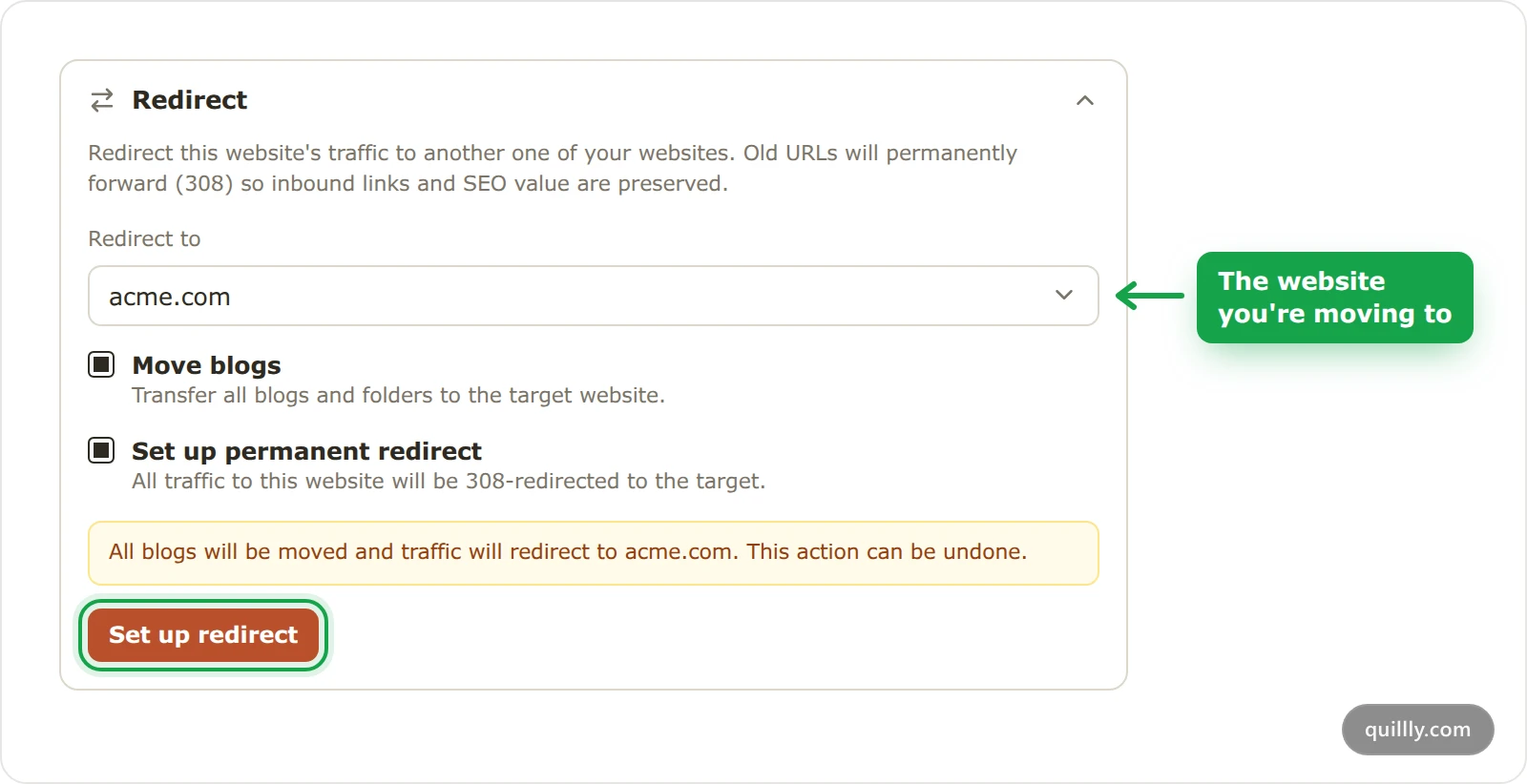 The Redirect section of website settings, with acme.com chosen under Redirect to, Move blogs and Set up permanent redirect ticked, and the Set up redirect button