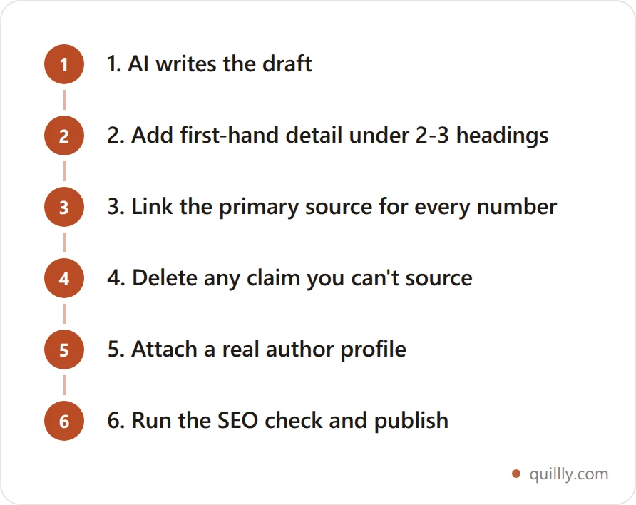 Numbered steps for the human E-E-A-T pass on an AI draft: draft, add first-hand detail, source every number, attach author, validate, publish