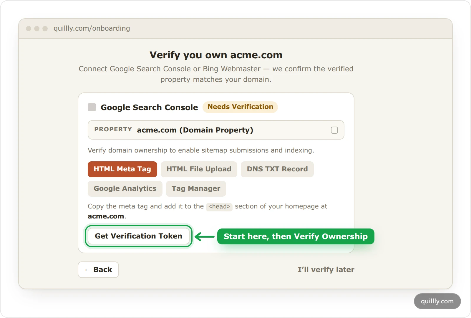 The Google Search Console panel on the Verify you own acme.com screen, showing Needs Verification, the five verification methods and the Get Verification Token button
